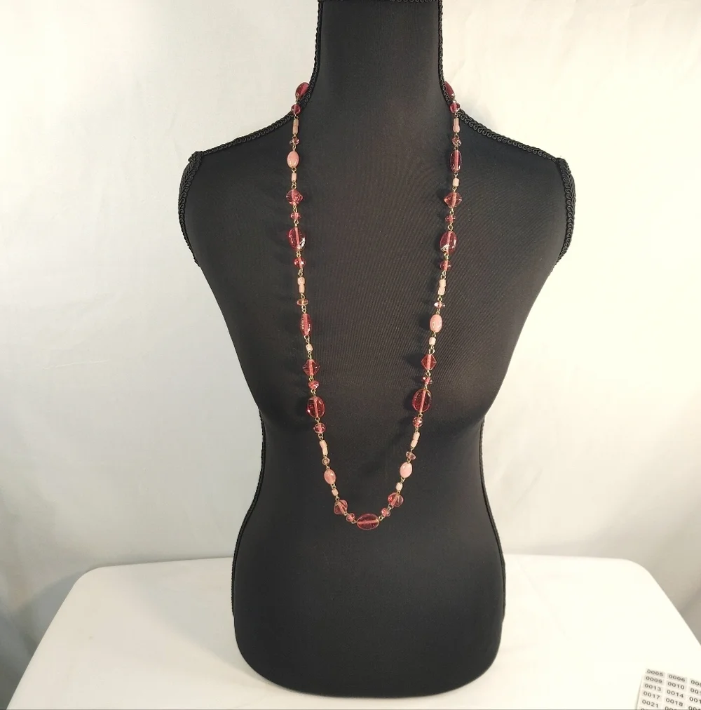 Boho Beaded Necklace Bundle Long Statement Pink Glass + Multicolor Charm